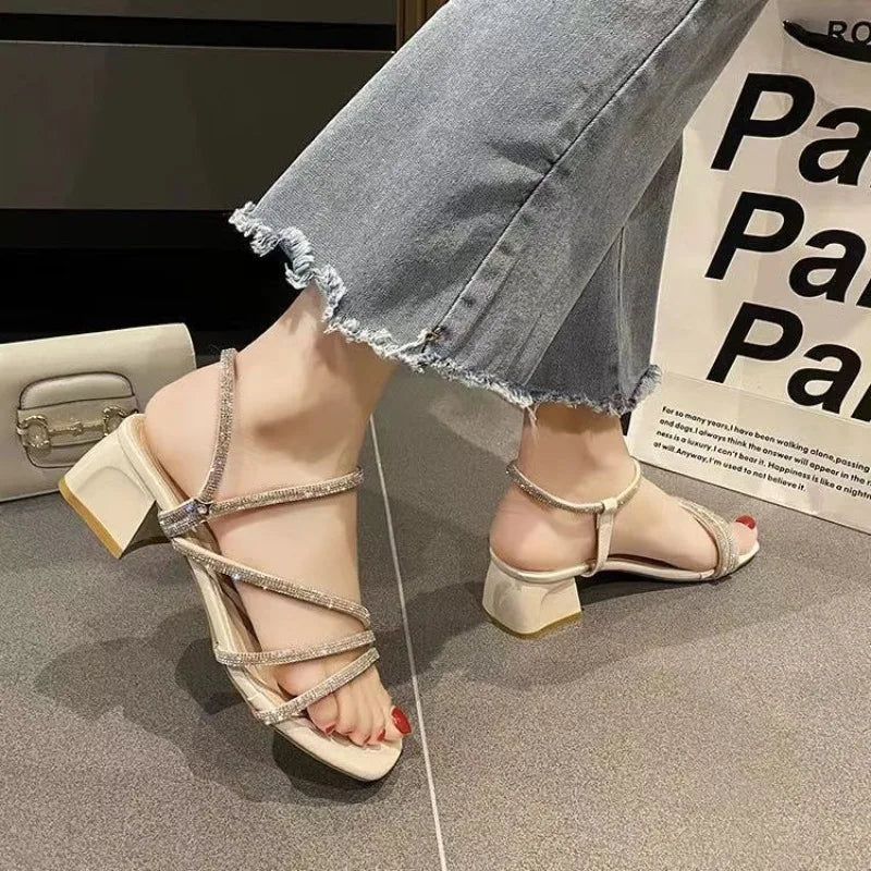 Fairy Style Rhinestone Thick Heel Sandals Women's Summer Versatile Square Head Skirt One Strap Two Wear Slip-On Shoes