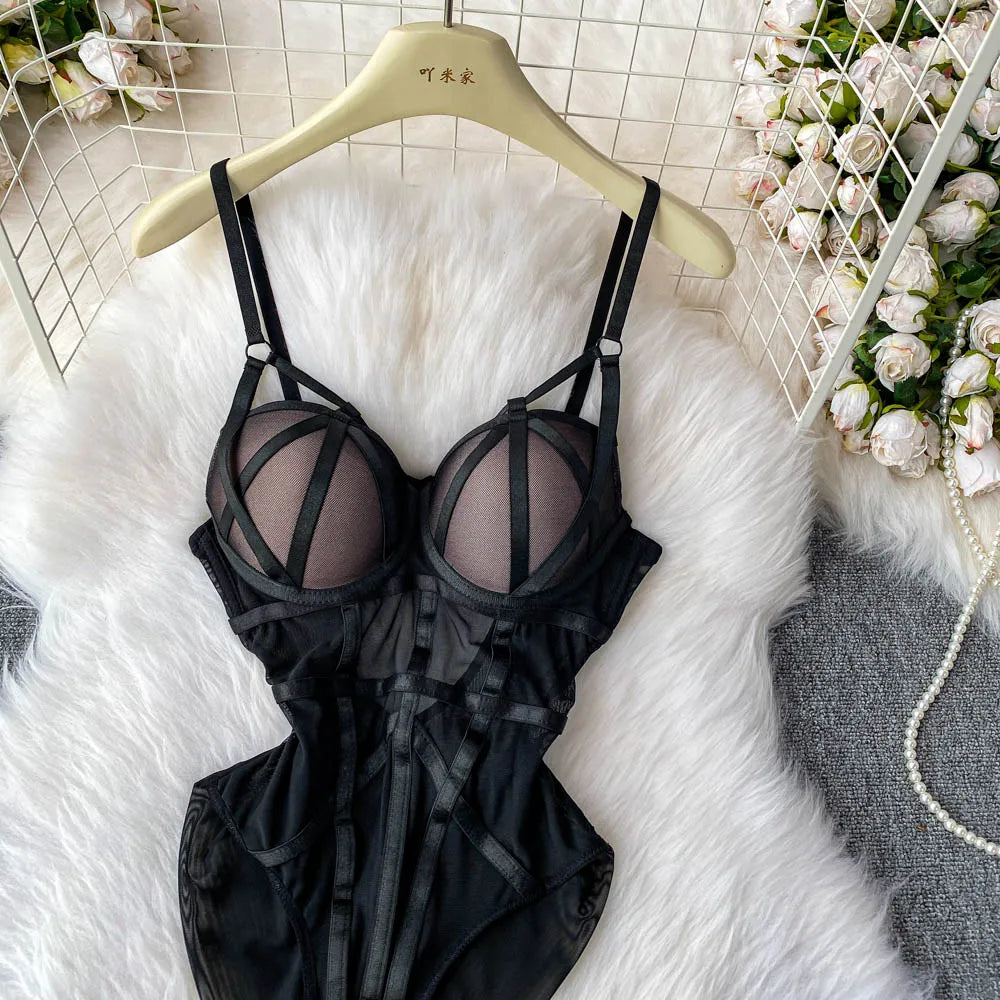 MOYISU Sexy Western Style Bodysuit for Women Sheer Net Halter Push Up Pads Summer Lingerie Figure Control See Through Hot Sale