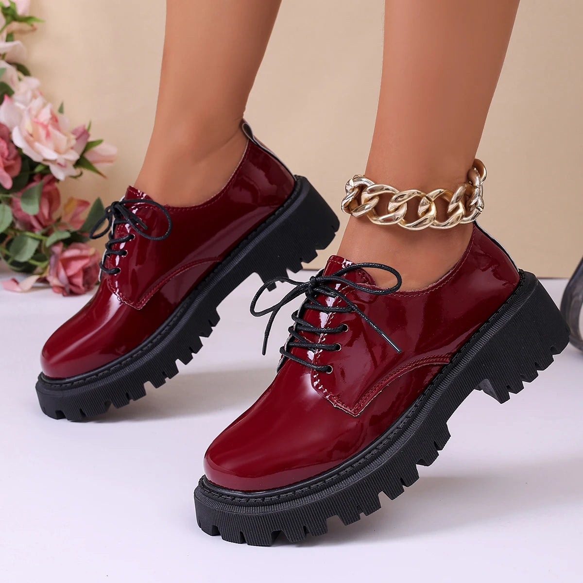 Women Patent Leather Platform Oxford Shoes Lace Up Chunky Lug Sole Round Toe Retro Sweet Cool Casual Dress Shoes
