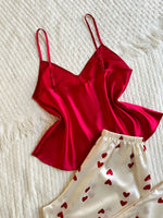 New V Neck 2 piece Women's Pajamas with Contrast Color Solid Top with Heart Printed long Pants Casual Sleepwear Set for Ladies