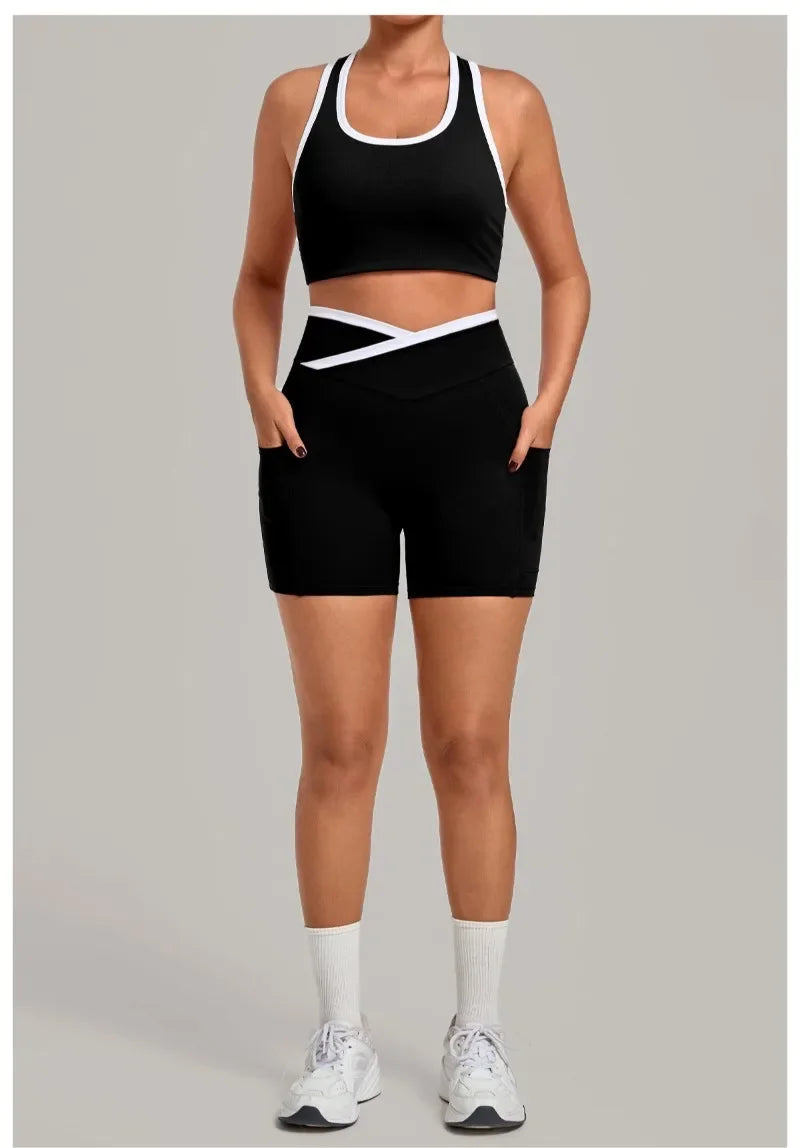 Women's Seamless Yoga Sets Sports Fitness High Waist Hip-lifting Shorts Back Beauty Sleeveless Suits Gym Training Workout Sets