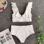 2026 New Sexy Bikini Women White Swimwear Swimsuit Ruffle V-neck Metal Buckle High Waist Beach Bikinis Set Bathing Suit Push Up