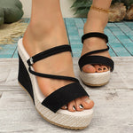 Women's Black Suede Dual Straps Straw Wedge Slide Mules Platform Sandals Summer Beach Travel Daily Casual Shoes EUR Size 43