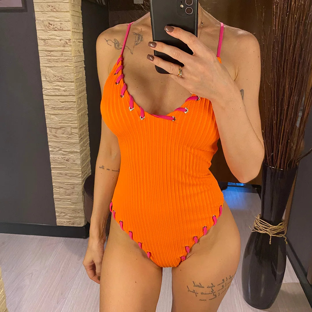 5 Colors V Neck Ribbed Cross Back One Piece Swimsuit Women Swimwear Female High Leg Cut MonokiniBather Bathing Suit Swim V6278