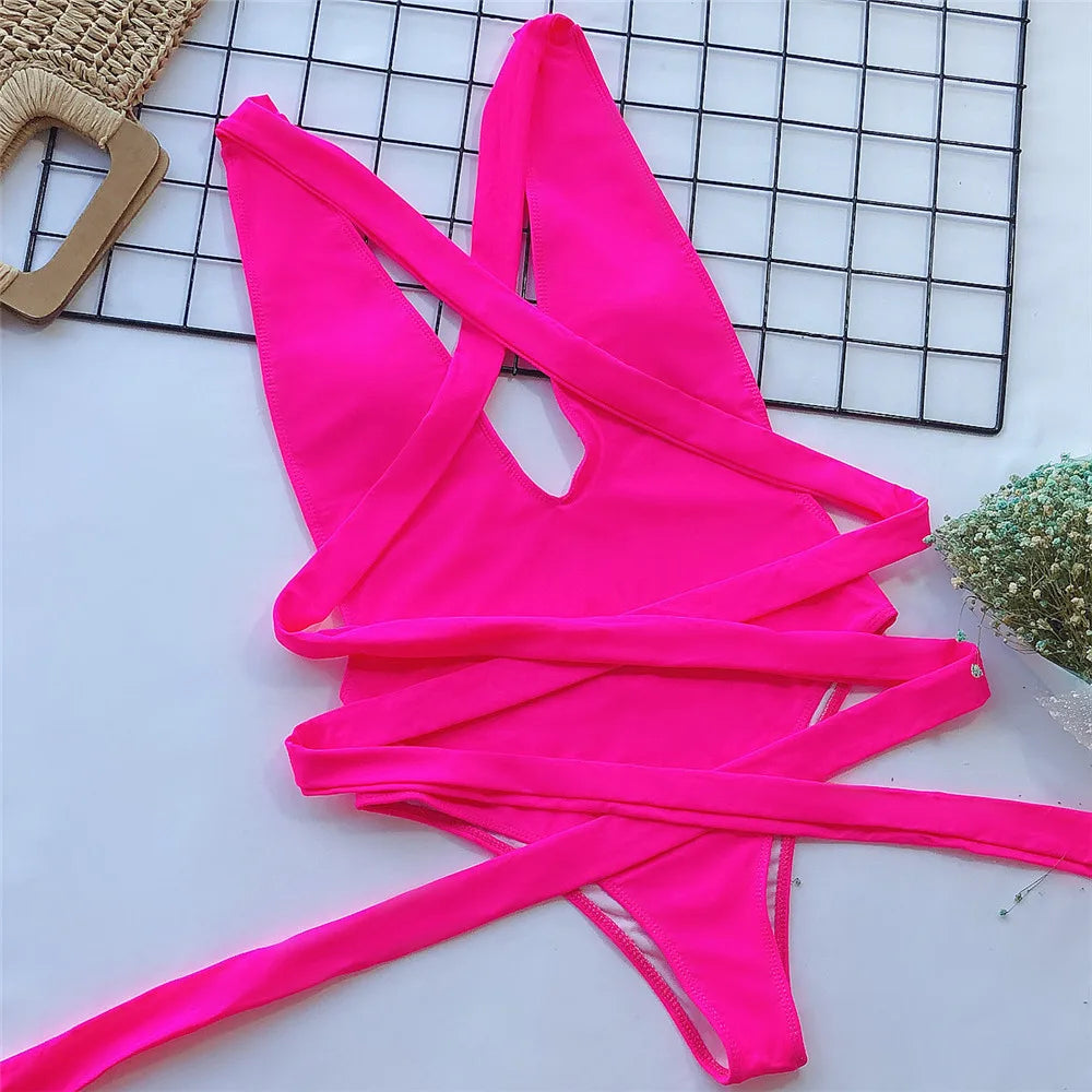 Sexy Red Cross Bandage Backless Swimwear One Piece Swimsuits Woman 2026 Knotted Straps Swimming Bathings Suit V Neck Bodysuits