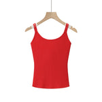 Fashion Solid Color Thin Strap Floral Chest Pad Women White Ribbed Top With Sleeveless Slim Fit Casual Summer Top Charming 3N4J