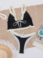 Sexy Front Tie Lace Trim Bikini Set Women Black Contrast Push Up Top Ruffles Thong Swimsuit Summer Holiday Bathing Suit Swimwear