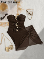 XS - L 6 Colors One Piece Swimsuit Female With Skirt Cut Out Women Swimwear Bandeau Metal Ring Bather Bathing Suit Swim V8108