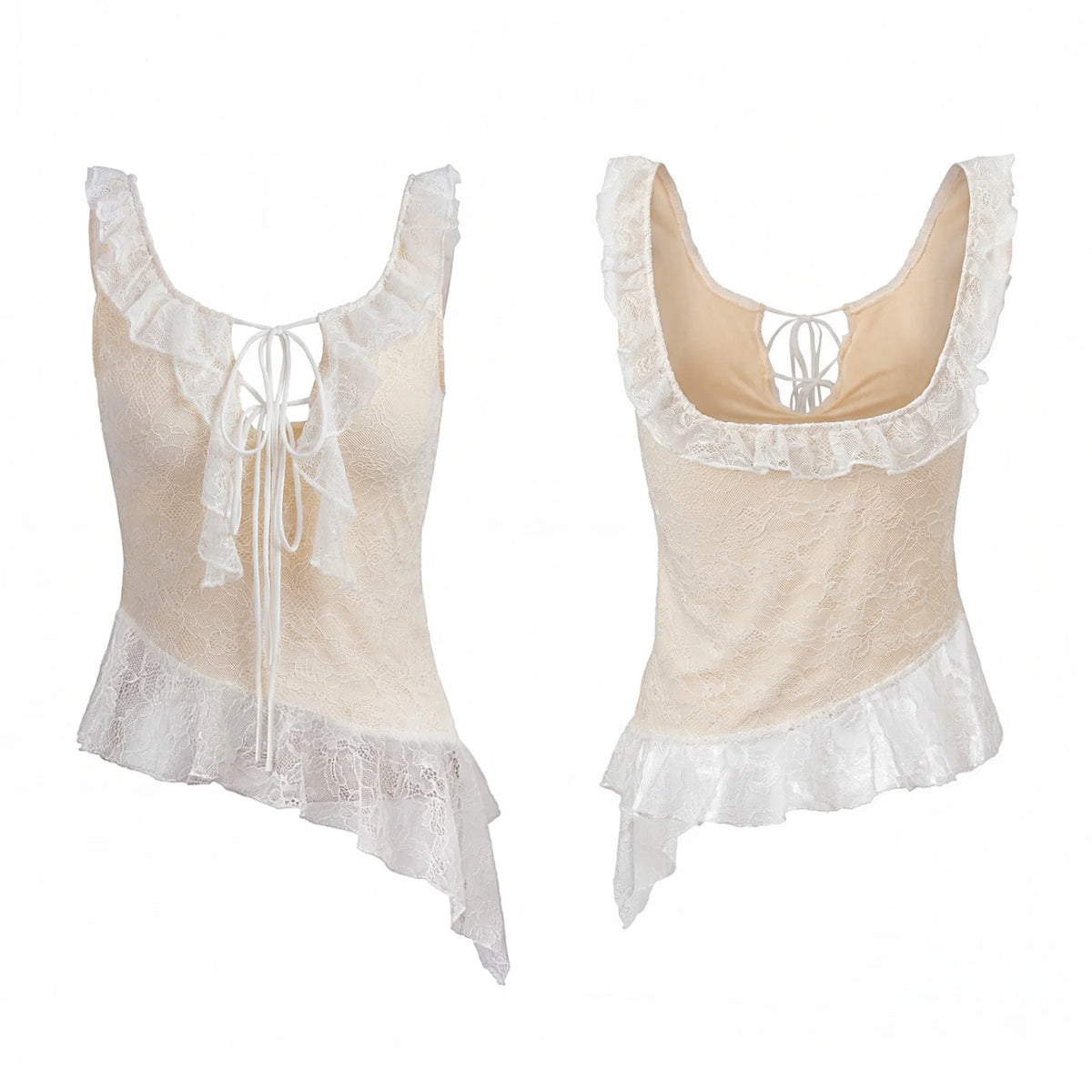Women Flounce Vest Lace Jacquard Square Neck Tie-up Tank Tops Backless Sleeveless Slim Fit Retro Blouses for Party Club