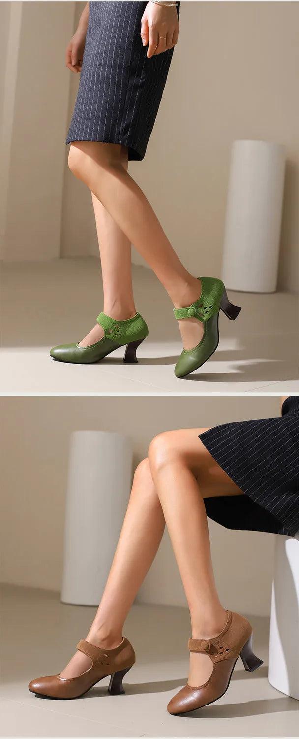 Summer Spring Cute Women Pumps Round Toe 6.5cm Small Heels Flock and PU Ankle Strap Buckle Green Yellow Big Size 46 48