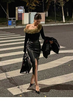 Sexy One Step Split PU Leather Half Skirt For Women's New High Waisted Slim Streetwear Black PU Fashion Womne Mini DressYTM8
