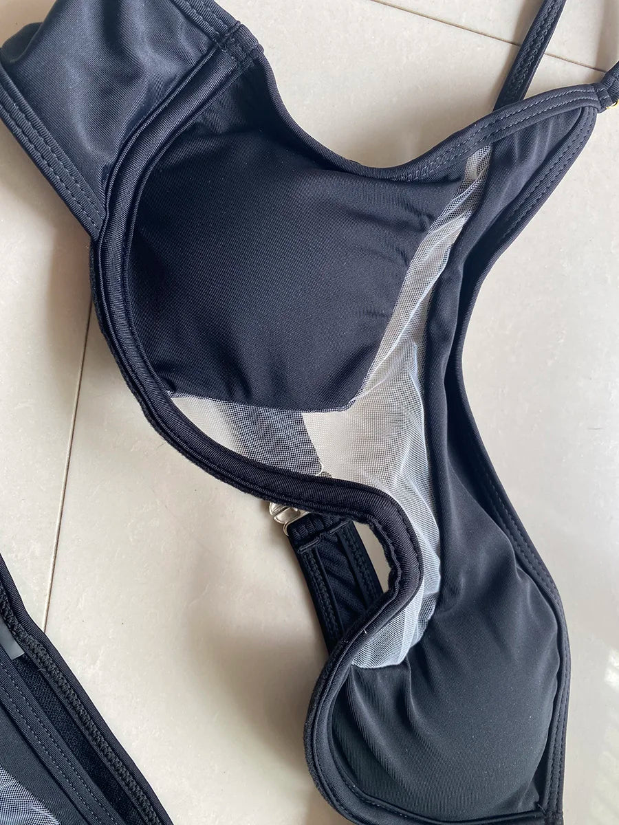 One Shoulder Mesh Bikinis Underwired V-Bar Bikini Women Swimwear Female Swimsuit Two-pieces Bikini Set Push Up Bathing Suit Swim