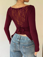 Women's Elegant Lace Patchwork Bow Decorate Long Sleeve T-Shirt Casual Asymmetry Hem Slim Fit Boat Collar Pleating Tops 2026