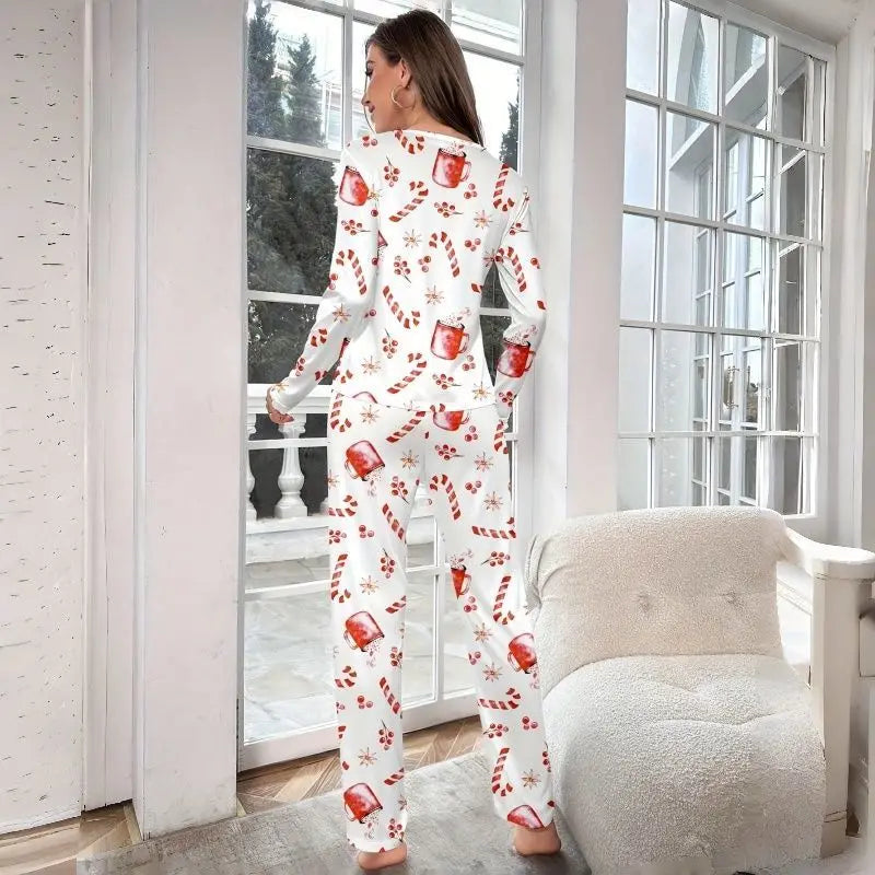 Women's Christmas Pajamas Set Autumn Winter Floral Printed Long Sleeve T-shirt and Long Pants Suit Loungewear Sleepwear