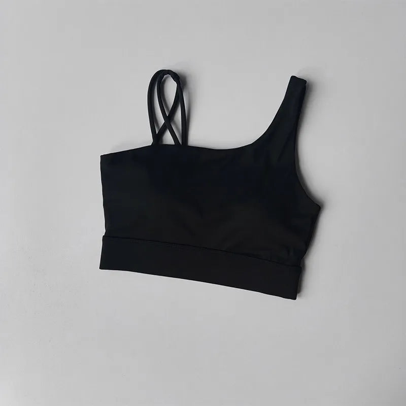Women's Irregular Shoulder Strap Yoga Sports Bra Shockproof One-Piece Cup Running Vest for Training Fitness And Yoga