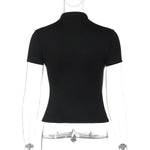 FDYOUI Fashion Stand Collar Button Hollow Out T-shirt for Women 2026 Sexy Short Sleeve Slim Cropped T Shirts Black Wine Red Tops