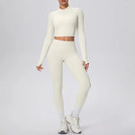 New Women Yoga Set Solid Color Double-Sided Brushed Bare Feel Short Long-Sleeve Jacket Tight Pants Running Fitness 2-Piece Set