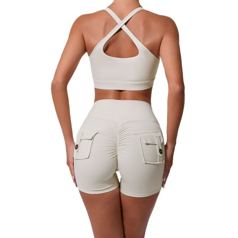 Seamless Yoga Sets Sports Fitness Peach Hip-lifting Pocket Shorts Cross Beauty Back Vest Suits Workout Gym Shorts Sets for Women