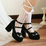 Plus Size 48 Women's Sweet Lolita Mary Jane Heels Pumps Heart Buckle Cross Ankle Strap Bow Platform 5.5cm Block Heel Goth Shoes