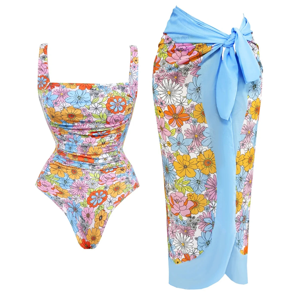 2 Pieces Retro Printed Swimsuit With Cover Up Sexy Women Swimwear 2025 V Neck Bikinis Female Biquini 3XL Bodysuit Beachwear