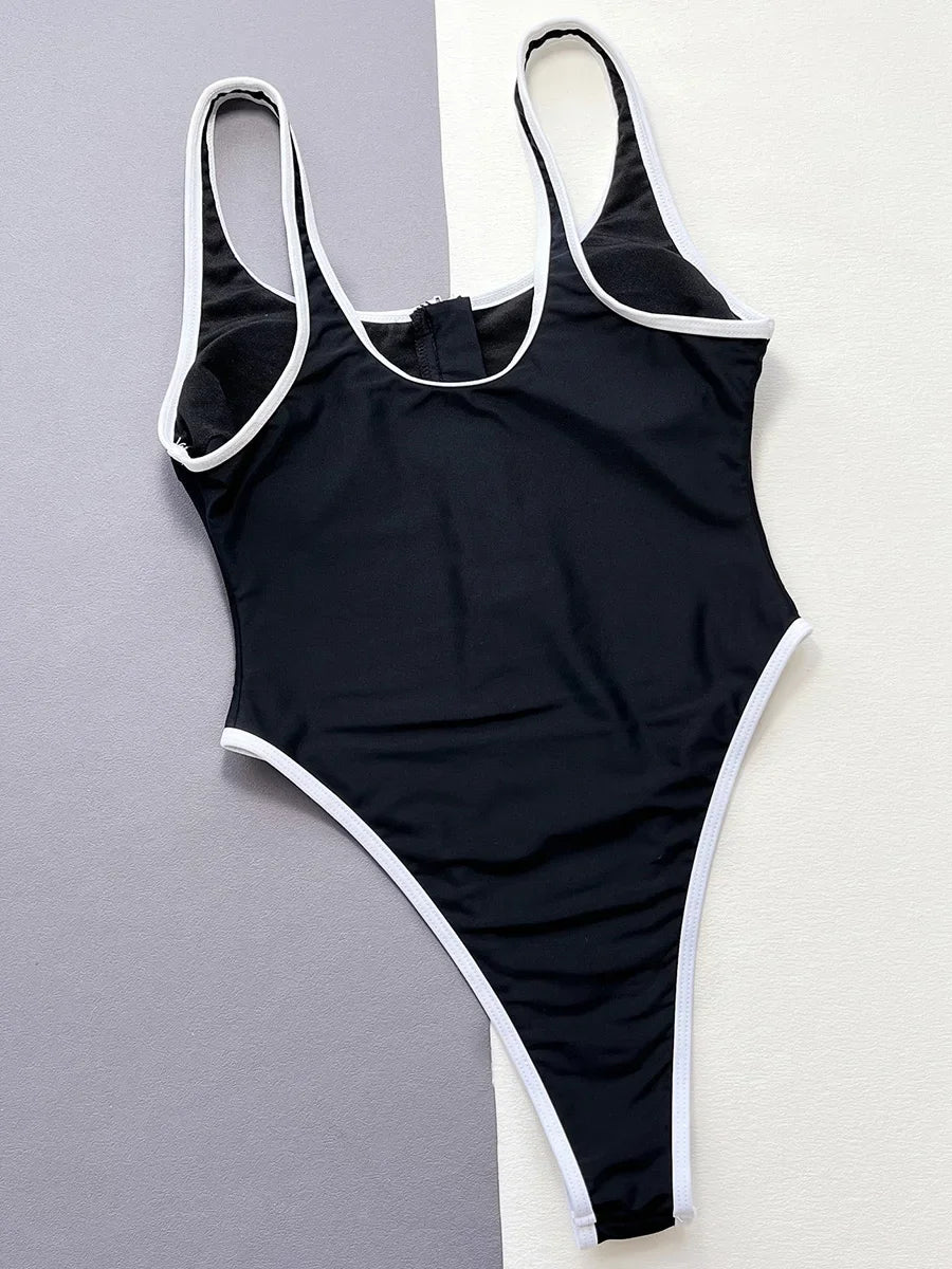 Sexy High Leg Cut Zipper Splicing Women Swimwear One Piece Swimsuit Female Monokini Black Contrast Bathing Suit Swim Beach Wear