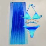 3 Pieces Thong Bikini Set 2026 Swimsuit Women & Kimono Swimwear Sexy Gradient Metal Criss Cross Bathing Suit Cover Up Bikinis