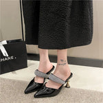 American pointed rhinestone high-heeled slippers women slim heels with toe caps, empty fashion sandals,