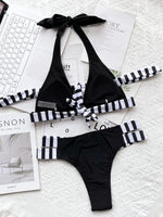 New Sexy Bikini Women Swimwear Swimsuit Striped Patchwork Hollow Halter Knotted High Waist Bikinis Set Bathing Suit Beach Bikini