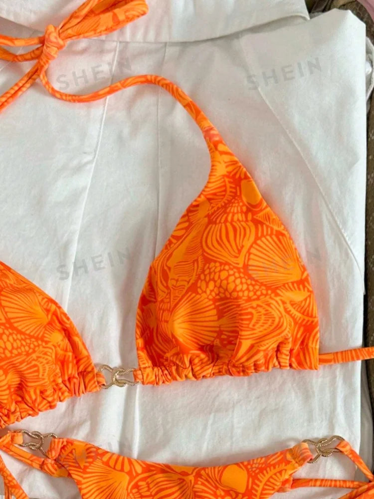 Sexy Orange Leaves Print Micro Bikini 2026 Women Summer Push Up Bra Tie Side Thong Swimsuit Summer Bathing Suit Holiday Swimwear
