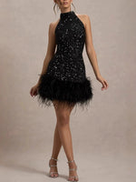 Elegant White Sequins Feather Hem Mini Dress Women Sexy Off Shoulder Slim Halter Dresses 2025 New Shiny Female Party Vestidos