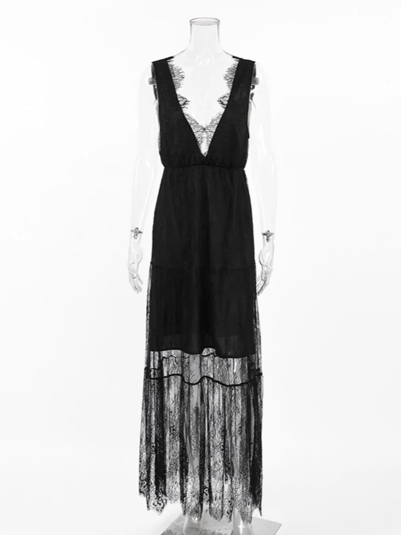Sexy Deep V-neck Sleeveless Lace Dress Streetwear Women 2026 Backless Tunics A-line Party Dresses Long Maxi Robe Black White