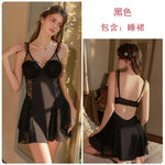 2pcs sexy Silky Satin Lace Sleepwear Hollowed out Seduction Gathered Detachable Chest Cushion Backless Nightgown Outer Robe Set