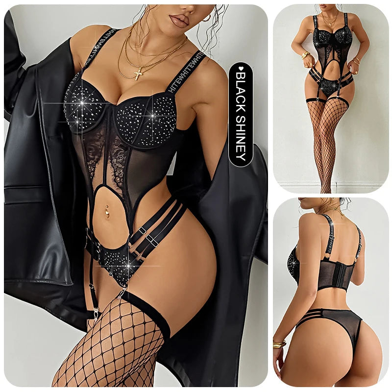 Sexy Lingerie Shiny Rhinestones Bra and Panties Set Charming Erotic Lingerie Soft Steel Ring Push Up Bralette 3 Pcs Lingerie Set