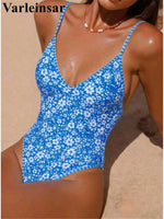 S - XL Flower Floral V Neck One Piece Swimsuit Women Swimwear Female Monikini High Cut Leg Padded Bather Bathing Suit Swim V8079
