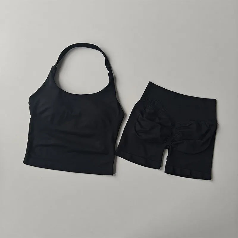 2PCS Seamless Halter Neck Yoga Set Push up Sports Bra And High Waist Butt Lift Fitness Shorts Tummy Control Fitness Wear