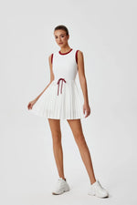 Summer Round Neck One-piece Tennis Dresses for Women White Contrast Sleeveless Drawstring Built-in Shorts Fitness Pleate Skirt