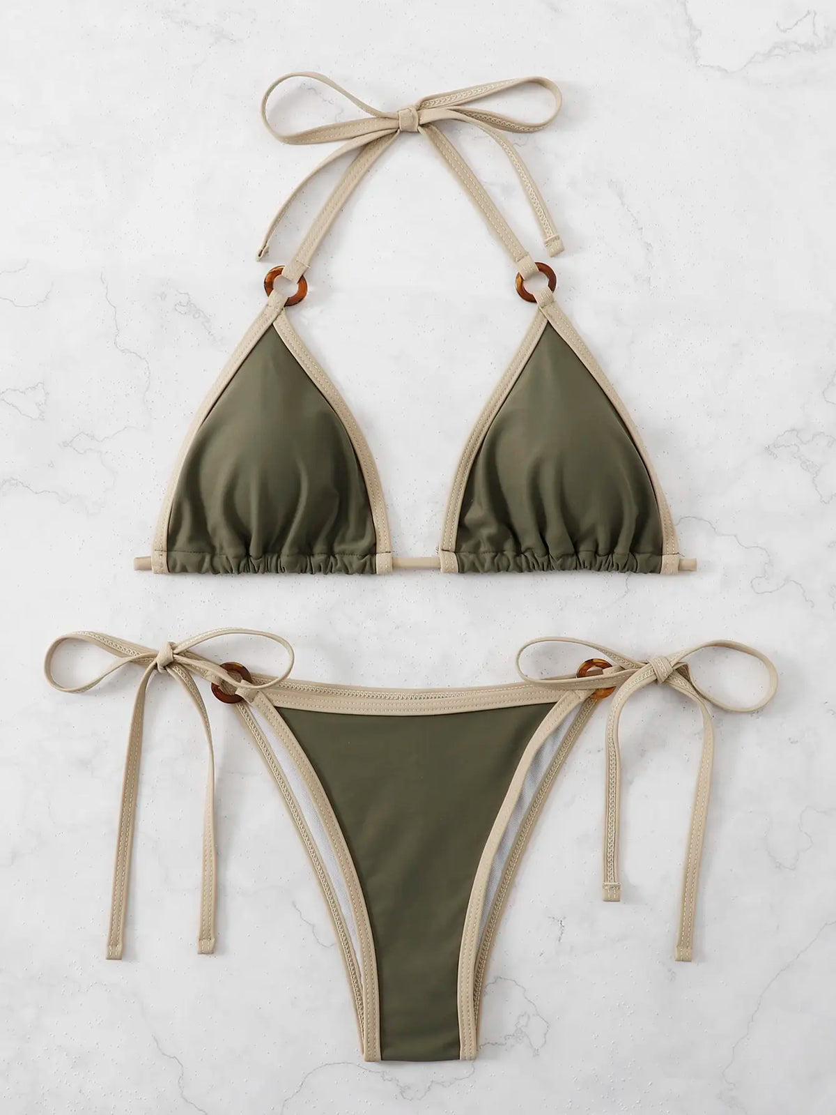 Contrast Binding Ring Bikinis 2025 Women Sexy Halter Swimsuit Triangle Swimwear Female Bathing Suit Swimming Summer Beachwear
