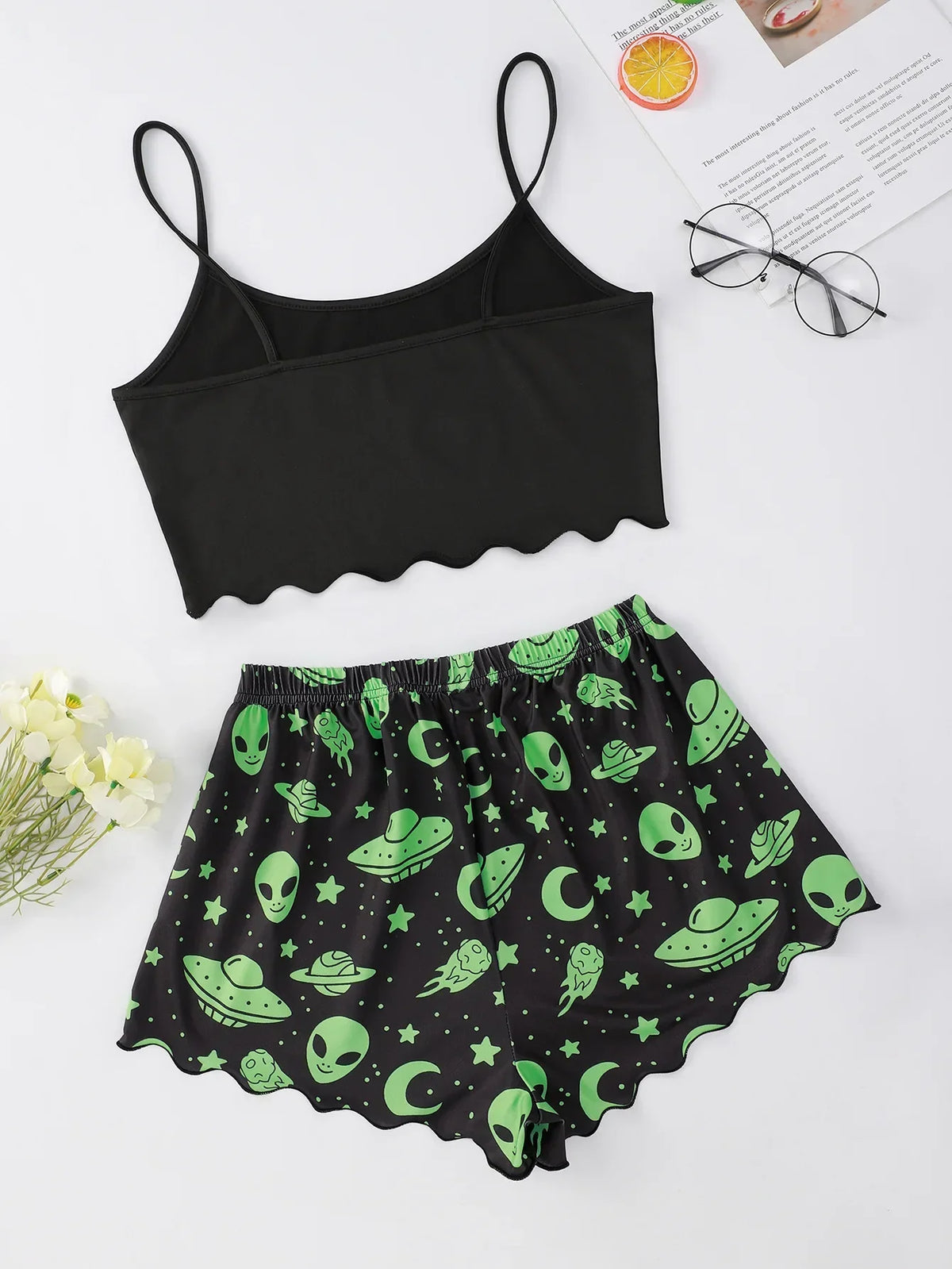 Sexy Alien Print Sling Sleepwear Women's Pajamas Set V-Neck Pyjamas Female Homewear Sleeveless CuteTop And Shorts
