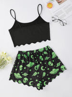 Sexy Alien Print Sling Sleepwear Women's Pajamas Set V-Neck Pyjamas Female Homewear Sleeveless CuteTop And Shorts