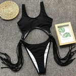 Splicing High Cut Out One Piece Swimsuit Women Tassel Swimwear Female Sexy Bathing Suit String Leopard Bikini 2025 Monokini Lady