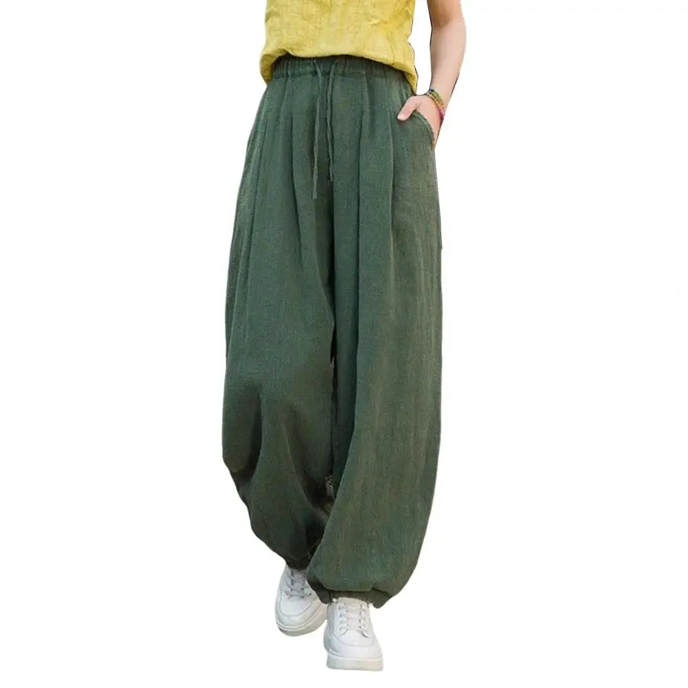 Solid Color Harem Trousers Women Casual Pants Elastic Waist Adjustable Drawstring Solid Color Wide Leg Trousers