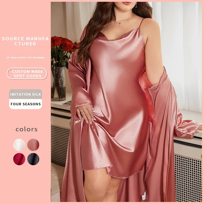 PLUS SIZE Wedding Bride Long Robe Nightgown Set Silky Satin Sleepwear Female Kimono Bathrobe Gown Loose Home Clothes 3XL 4XL 5XL
