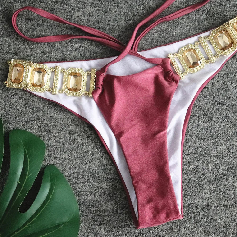 Sexy Rhinestones Thong Bikini Women Green Push Up Glitter Diamond Band 3 Piece Swimsuit Chain Metal Bathing Suit Luxury Swimwear