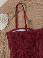 2026 Vintage Coffee Leaves Print One Piece Swimsuit Women Beaded String Hollow Out Backless Mesh Slim Fit Tummy Control Swimwear
