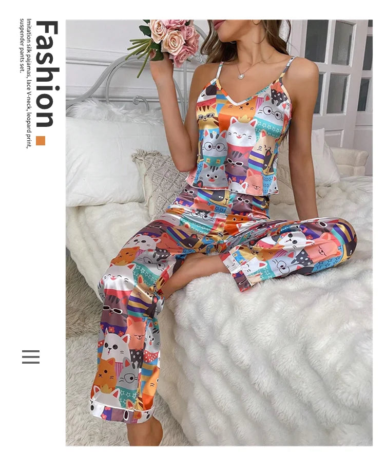 Pajama For Women Home Clothes Summer Satin Sleepwear Pj Set Sexy V Neck Cami Tops with Comfortable Elastic Pants Pyjama 2 Piece