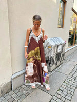 Casual Vacation Style Print Spaghetti Strap long Dresses Women Sexy V-neck Backless Loose Sleeveless Dress Female Summer New