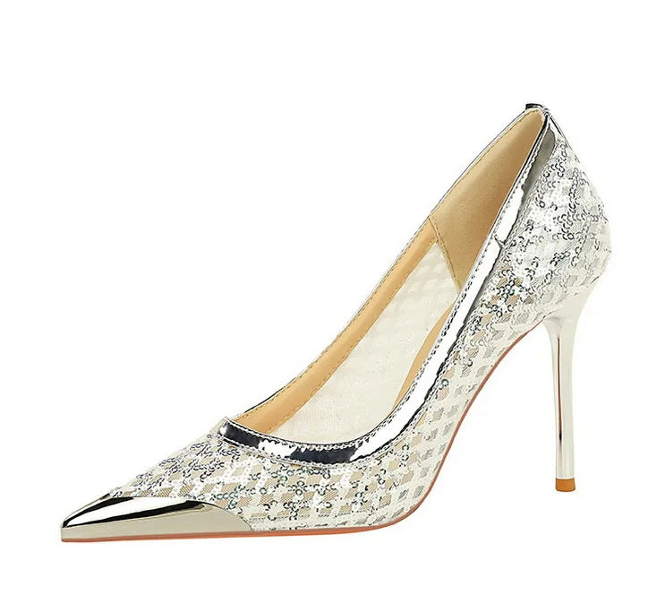 BIGTREE 2026 Fashion Metal Decoration Mesh Hollow Pointed Toe Woman Pumps Thin Heels Party Ladies Shoes Zapatillas De Mujer