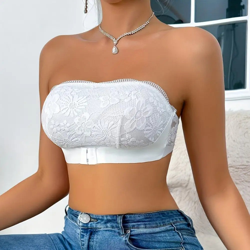 Women's Strapless Bra Floral Lace Front Closure Bra Wireless Full Coverage Tube Top Bandeau No Underwire Seamless Bralette