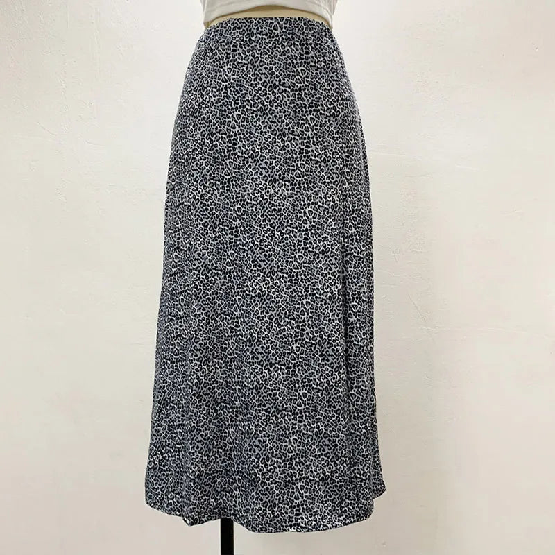 Vintage Skirt Summer Flower Leopard Print High Waist Stretch Long Skirt for Women A-Line Skirts Fashion Beach Maxi Skirt