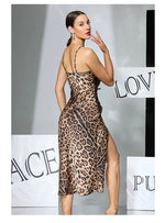 Women Sexy Leopard Print Slip Nightdress Removable Padded Drawstring High Slit Midi Nightgown Loungewear